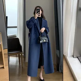 Kadın Yün Karışımları Sonbahar Kış Kadın Yünlü Kumaş Ceket Sıcak Uzun Uzun Uzun Çift Göğüslü Donanma Mavi Kadın Zarif Dış Giyim Gevşek Kemer Palto 231206