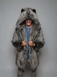 Mäns päls faux pälsbontamg-manteau en fausse fourrure de renard pour homme veste a capuche poches oreilles manches sulf chaud luxe hiver 231205