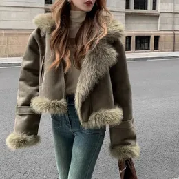 Women's Fur Faux Winter Short Coat Suede Fake Jacket Biker Suit Slim Korean Casual 231206