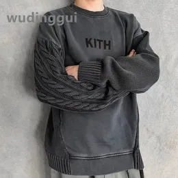 Kith Hoodie definess jesienne i zimowe batik batik z umytym sweter okrągły szyja pullover męskie bluzy zagęszczone ciepłe 5z9u