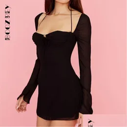 Grundläggande avslappnade klänningar Boozrey Sexig Chiffon Hollow Mesh Mini Dress for Women Low Cut Halter Solid Long Sleeve Pink Girl Club Party B Dhazl