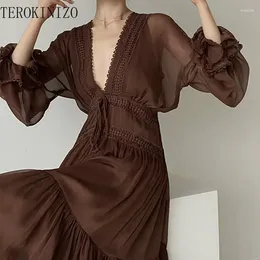Casual Dresses TEROKINIZO French Style V Neck Sexy Dress Women Arrival Slim Waist Lace Up Vintage Slight See Through Vestidos Mujer
