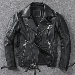 Men's Leather Faux Leather Black Motorcycle Leather Jacket Men Natural Genuine Cowhide Slim Fit Vintage Brown Mens Biker Racer Jackets Oblique Zipper S~9XL 231205