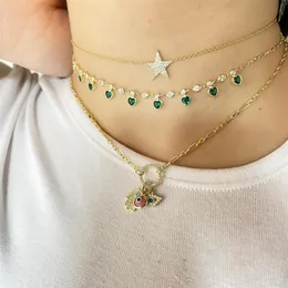 2021 Gold Metal Color Red Blue Green White Heart Drop Charm CZ Station Link Chain Choker Halsband för 2021 Valentines Day Gift209e