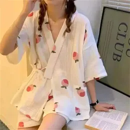 Women's Sleepwear Cartoon Peach Print Girls Fresh Style Short Sleeve Shorts 2Pcs Kimono Household Pajamas Set Comfort Gauze Cotton Sleepwer