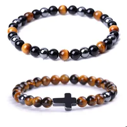 Beaded Triple Protection Bracelet Bring Luck 6Mm 8Mm Natural Hematite Tiger Eye Stone Beads Women Men Cross Bracelets Drop Delivery J Dhj7Z