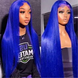 30 Inch Blue Lace Front Wig Pre Plucked Natural Hairline Long Straight Navy Blue Hair Heat Resistant Fiber Glueless Synthetic Lace Frontal Wigs Fashion Women Party