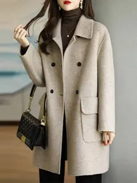 Frauen Wolle Mischungen Faux Pelz Feste Jacke Verdicken Mode Turndown Kragen Midi Mäntel Weibliche 2023 Winter Chic Warme Zweireiher parka Dame 231206