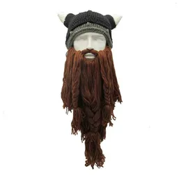 BeanieSkull Caps Homens Bárbaro Vagabond Viking Beard Beanie Horn Hat Handmade Inverno Quente Aniversário Engraçado Gag Halloween Cap Presentes de Natal 231205