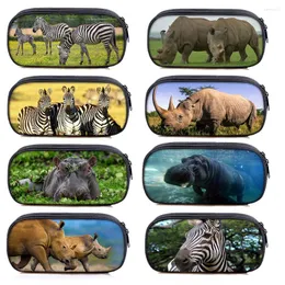 Sacos cosméticos zebra/rinoceronte hippo lápis saco realista figura animal casos organizador material escolar estacionário