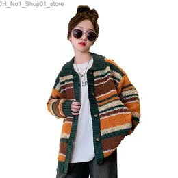 Hırka kızlar Soater Striped Ceket Kızlar için Günlük Stil Çocuk Paltoları Bahar Sonbahar Kids Giyim 6 8 10 12 14 Q231206
