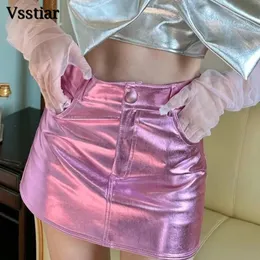 Röcke Vsstiar-Mini jupes metallisees pour femmes mode rose argent poches taille haute batterie astronomique sexy fete vetements pour filles Y2K 231206