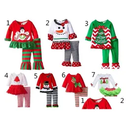 의류 세트 아기 크리스마스 의상 소녀 사슴 나무 티셔츠 추가 주름 바지 2pcs 어린이 폴카 도트 탑 아이