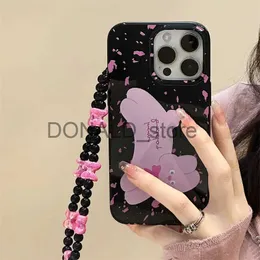 Cell Phone Cases Korea Cute Cartoon Pink Bow Rabbit Jelly Black Phone Case Chain For iPhone 15 14 13 11 12 Pro Max mini 8 7 Plus XS Lanyard Cover J231206