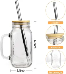 Caneca de vidro reutilizável, copos de vidro com tampas de bambu e canudos de aço inoxidável, alça para garrafa de frutas de 24 onças ZZ