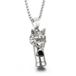 Gothic Wolf Kopf Pfeife Halskette Anhänger Guss Edelstahl Rolo Kette Schmuck Für Herren Jungen Coole Geschenke Silber Poliert Blin2483