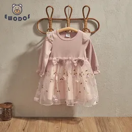 Girl's Ewodos 0-3y Meninas Vestido de Flor Flor Autumn Winter Manga Longa Vestidos de festa infantil Bow Floral Mesh para Born Birthday 231204