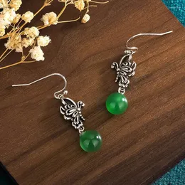 Orecchini pendenti Farfalla di giada verde Talismani di design da donna Gioielli veri Amuleto in argento 925 Pietre preziose naturali cinesi intagliate