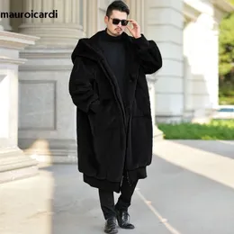 Мужской мех из искусственного меха Mauroicardi-Manteau d'Hiver en Fausse Fourrure pour Femme Vetement Long et Chaud avec Capuche Manches sulf Fermeture eclair Mode Coreenne 231205