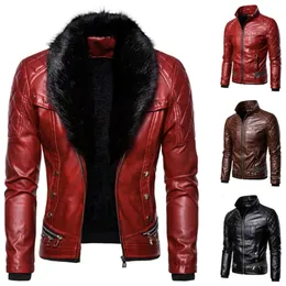 Men's Leather Faux Design Motorcycle Bomber Add Wool Jacket Men Autumn Turn Down Fur Collar Removable Slim Fit Male Warm Pu Coats 231205