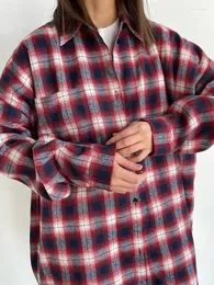 Blusas femininas aynaray 2023 outono inverno mulheres oversized xadrez camisa longa manga vintage vermelho solto ajuste blusa para mulher feminina