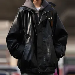Мужская кожаная куртка из искусственной кожи Y2K, уличная винтажная куртка из искусственной кожи, осенне-зимняя повседневная свободная универсальная куртка с воротником-стойкой 231206
