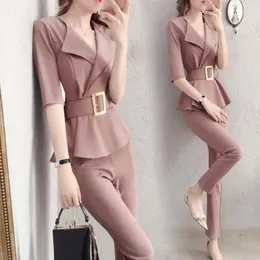 Kvinnors tvåstycksbyxor Set Women 2023 Spring Summer Korean Elegant Blazer High midjebyxor Kontor Kort casual Silm Solid D28