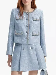 Two Piece Dress Women Blue Suit Tweed Beading Sequin O-neck Single Breasted Coat or Tank Dress or A-line Mini Skirt Lady Three Pieces Set 231205