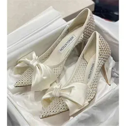 Дизайнерская обувь Сандалии для ранней весны Женские сетчатые туфли с песком и бриллиантами на высоком каблуке с тонким острым бантом и неглубоким ртом для одиноких женщин