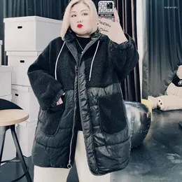 Trench feminina casacos de inverno imitação de imitação de cordeiro costura de casca de algodão extra grande capa casual casual com capuz parka sobretudo