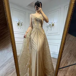 Party Dresses Serene Hill Gold O-neck Long Sleeves Mermaid Beaded Overskirt Evening Formal Gowns For Women 2023 BLA72087