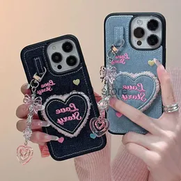 Cell Phone Cases Ins Love Heart Jean Cloth Denim Case with Pendant For iPhone 15 12 13 14 Pro Max 11 Phone Case Keychain Bumper Soft Back Cover J231206