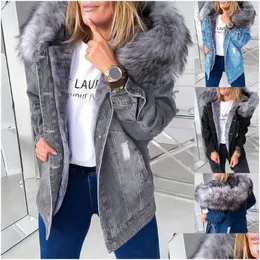 Kvinnors jackor kvinnor jackor faux päls huva jean jacka kvinna snygg parka retro plysch krage denim kappa tjock långärmad frayed dhdjp