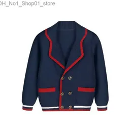 Cardigan Spring Autumn Children Navy Blue Sweaters For Big Girls Boys Cotton Sticked Cardigans Coat England Style Double Breasted Uniform Q231206