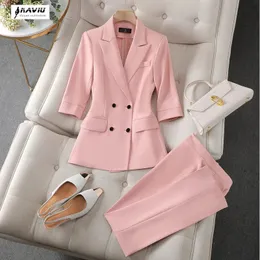 Calças femininas de duas peças traje rosa para mulheres nouvelle mode printemps Blazer et pantalon a manches mi-longues pour bureau vetements de travail pour dames 231206