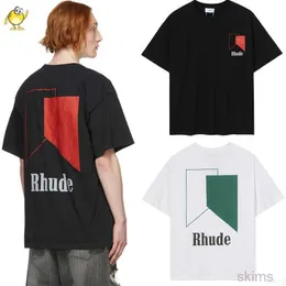 Rhude Herren T-Shirts Frühling Schwarz Weiß Männer Frau T-Shirts Top T-Shirt Geometrie Druck 1 Mode Vintage Baumwolle Qualität Streetwear B29Y