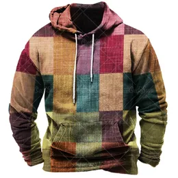 Mens hoodies tröjor överdimensionerade vintage hoodie för tröja 3D -rutig tryck långärmad pullover gata man kläder huvtröjor harajuku 231206