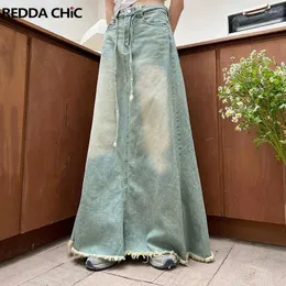 Saias Reddachic Vintage Lavado Long Jean Saia Mulheres Denim Maxi High Rise Desfiado Chão-Comprimento Bottoms Coreano Streetwear