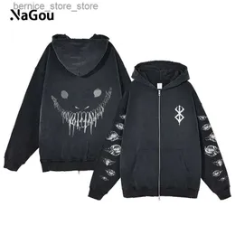 Herrtröjor tröjor berserk anime syra tvätt hoodie zip up män mode långärmade harajuku goth pullover estetiska kvinnor streetwear jacka överdimensionerade Q231206