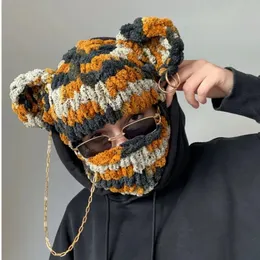 Beanieskull Caps Kış Kış Güzel Ayı Kulaklar Sıcak Balaclava Kapak Şapkaları Kolye Zinciri Kadın UNISEX Örme Parti Komik Maske El Yapımı Bonnet Hijab 231205