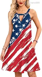 New Women's 4th of July American Flag Sleeveless Keyhole Halter Mini Dress with Pocket