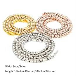 Hip Hop Bling Catena da tennis ghiacciata per uomo Donna Gioielli Collana girocollo Cubic Zirconia Femme Ragazzi 3mm 4mm Oro Oro rosa Si240c