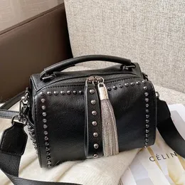 Abendtaschen Mode Niet Frauen Handtasche Breiter Riemen Weibliche Umhängetaschen Kette Quaste Design Damen Umhängetasche Schwarz Boston 231206