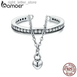 Pierścień Solitaire Bamoer 925 Sterling Srebrny Stackable Clear CZ Serce Chain Pierścień podwójny