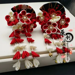 Meapwear Saç Aksesuarları Japon Hanfu Kimono Geisha Kırmızı Sakura Klip Antik Çek Fan Çanı Tassel Saç Pin Tsumami Zaiku Headdress 231207