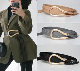 Fashion Women Gold Metal Belts Curved Large Horseshoe U Buckle Microfiber Leather Double Belt For Coat Dress Sweater ps05827569756