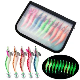 Neue Köder lockt 2,5 # 3,0 # 3,5 # Tintenfisch Leuchtender Holzgarnelenköder 3D-Augen Tintenfisch Jighaken Fluoreszierende Angelköder Tackle Künstliche Jigs