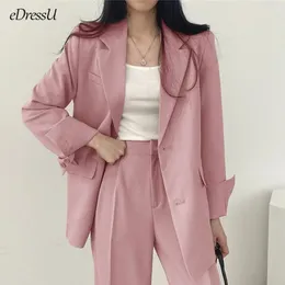 Dwuczęściowe spodnie damskie 2023 Kobieta Blazer Kurtka Długie spodnie Pink Suits Office Korean Twopiece Single Beded Business Wear ZX828 231206