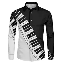 Мужские повседневные рубашки, свободная рубашка с фортепианным ключом, модная рубашка с 3D цифровым принтом и лацканом с длинным рукавом