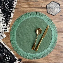 Koppar Saucers 4st Burlap Round Placemats with Tassel 38 cm Boho Natural Jute med frans bordsmattor non slip dryck kopp kuddar för kök matsal 231206